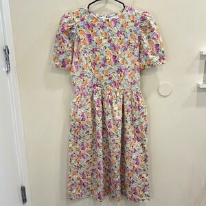 VTG 80s Lanz Originals Floral Midi Sundress Short Sleeve Pocket Cottage Easter 6